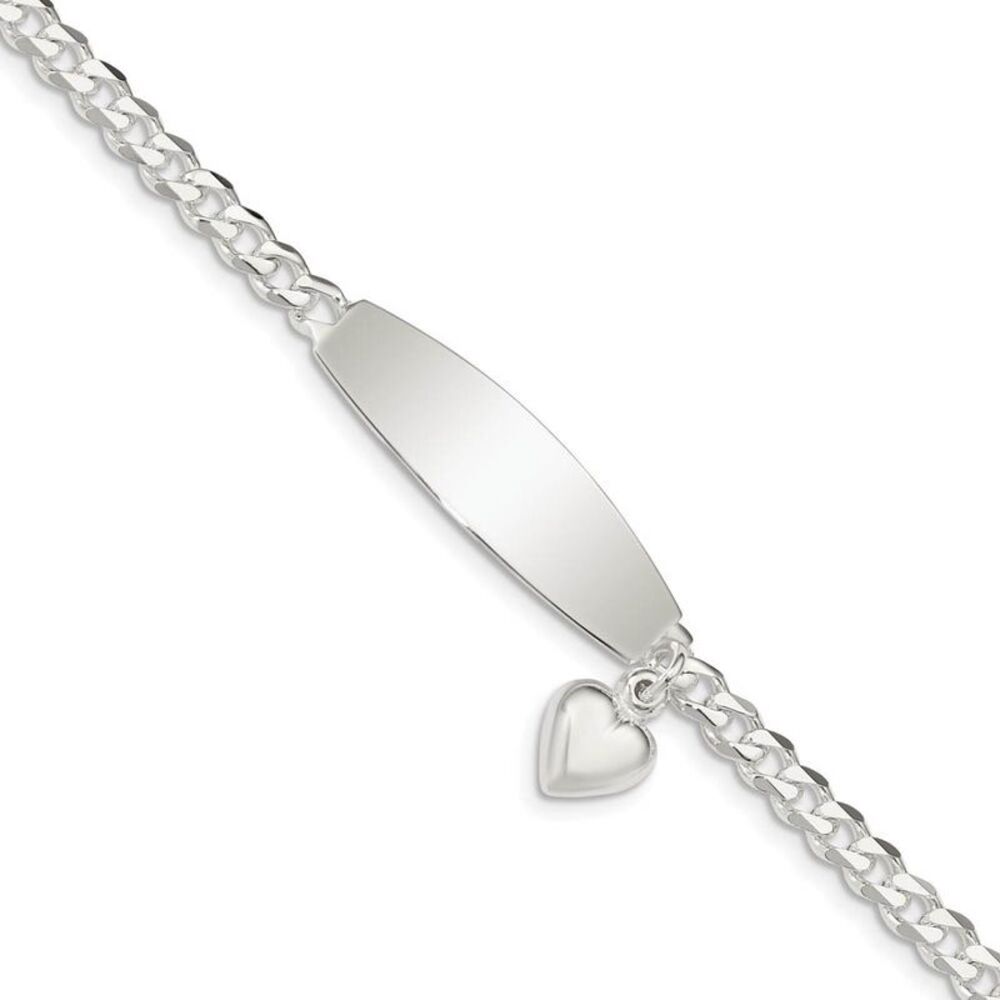 9mm Sterling Silver Heart Charm Curb Link I.D. Bracelet, 7.5 Inch